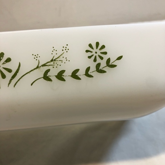 Vintage Fire King Milk Glass Green Flowers Pattern Loaf 9” x 5” - Picture 4 of 10
